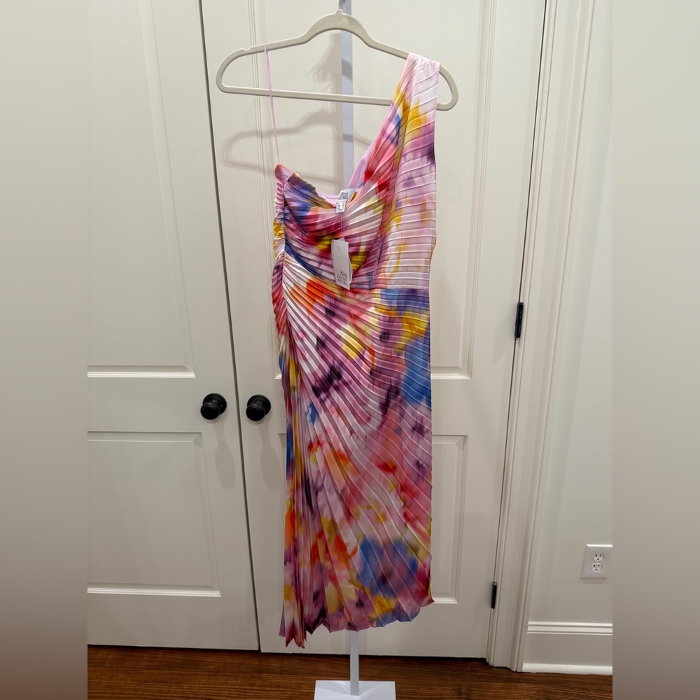 Belle Badgley Mischka Kelsey Accordion Pleat Colorful One Shoulder Dress Nwt 8 - Picture 2 of 5